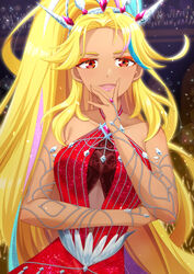  audience bare_shoulders blonde_hair blue_hair breasts clothing_cutout commentary_request covering_own_mouth dark-skinned_female dark_skin dress eyeshadow female glowstick hand_over_own_mouth hand_up highres hizuki_(hiduki6121) idol idol_clothes jennifer_sumire_sol long_hair looking_at_viewer makeup medium_breasts multicolored_hair navel_cutout open_mouth orange_eyes orange_eyeshadow penlight_(glowstick) pink_hair pink_lips ponytail pretty_series red_dress sleeveless sleeveless_dress smile solo streaked_hair tiara very_long_hair waccha_primagi! 