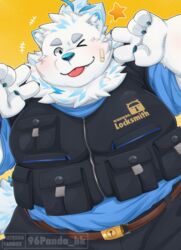  2023 96panda absurd_res anthro belly big_belly bottomwear canid canine canis clothing domestic_dog fur hi_res kemono lifewonders live_a_hero male mammal one_eye_closed overweight overweight_male pants shirt simple_background solo tongue tongue_out topwear white_body white_fur wink yohack 