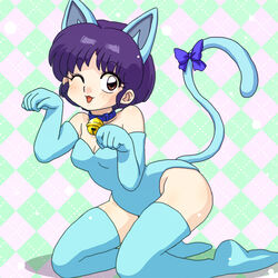  akane_tendo animal_humanoid blue_bow blue_hair breasts brown_eyes cat_humanoid collar felid felid_humanoid feline feline_humanoid female hair humanoid mammal mammal_humanoid paw_pose pose ranma_1/2 short_hair solo wantafutoshi 