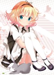  apron aqua_eyes black_hairband black_ribbon black_skirt blonde_hair blunt_bangs closed_mouth collared_shirt dress_shirt female fleur_de_lapin_uniform frilled_skirt frills gochuumon_wa_usagi_desu_ka? gradient_hair hairband highres hugging_own_legs kirima_syaro kohakugin long_hair miniskirt multicolored_hair neck_ribbon pink_hair ribbon shirt short_sleeves sitting skirt smile solo thighhighs waist_apron white_apron white_shirt white_thighhighs wild_geese wing_collar 