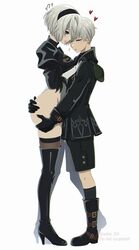  1boy 2b_(nier:automata) 9s_(nier:automata) ? ?? ass ass_grab blue_eyes blush boots female gloves heart high_heel_boots high_heels highres nier:automata nier_(series) no_blindfold shirl_geem short_hair socks straight white_hair 