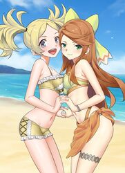  2girls alternate_costume asymmetrical_docking beach bikini blonde_hair bracelet breast_press breasts cloud cloudy_sky corset etie_(fire_emblem) fire_emblem fire_emblem_awakening fire_emblem_engage frilled_bikini frills green_bikini grey_eyes highres holding_hands igni_tion jewelry lissa_(fire_emblem) long_hair looking_at_viewer multiple_girls ocean open_mouth orange_hair outdoors short_twintails sky small_breasts standing swept_bangs swimsuit teeth thigh_strap twintails upper_teeth_only water yellow_bikini 