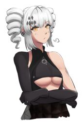  black_dress black_gloves breasts clothing_cutout dress drill_hair ear_piercing elbow_gloves female gloves grey_hair hair_intakes hair_ornament highres karenina:_ember_(punishing:_gray_raven) karenina_(punishing:_gray_raven) long_hair mechanical_arms orange_eyes piercing punishing:_gray_raven sidelocks single_mechanical_arm sleeveless sleeveless_dress small_breasts solo tofu_(killer150) twin_drills underboob_cutout white_background 