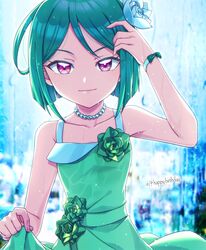  arm_up bare_shoulders bead_necklace beads blunt_ends closed_mouth collarbone commentary_request dress female flower green_dress green_flower green_hair green_rose hair_flower hair_ornament happy_birthday highres hizuki_(hiduki6121) jewelry kiratto_pri_chan looking_at_viewer midorikawa_sara necklace pink_eyes pretty_series rose short_hair skirt_hold sleeveless sleeveless_dress smile solo sparkle wet wet_clothes 