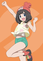  :d beanie boots clenched_hands commentary_request eyelashes female floral_print gensei00 green_shorts happy hat highres leg_up open_mouth orange_background pokemon pokemon_sm red_hat selene_(pokemon) shirt short_shorts short_sleeves shorts smile solo t-shirt tied_shirt undershirt yellow_shirt 