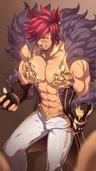  1boy abs animal_ears bara black_gloves black_jacket clenched_teeth fingerless_gloves fur-trimmed_jacket fur_trim gloves highres jacket large_pectorals league_of_legends male_focus mazjojo muscular muscular_male navel open_clothes open_jacket paid_reward_available pants pectorals red_hair scar scar_on_face scar_on_nose sett_(league_of_legends) short_hair sleeveless sleeveless_jacket solo teeth white_pants 