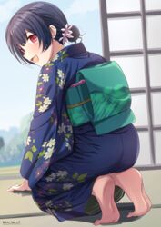  absurdres ass barefoot blue_hair blue_kimono blush eyelashes feet female floral_print flower from_behind full_body green_sash hair_bun hair_flower hair_ornament highres idolmaster idolmaster_shiny_colors japanese_clothes kimono kneeling long_sleeves looking_at_viewer looking_back morino_rinze obi obijime open_mouth print_kimono red_eyes sash short_hair sidelocks soles solo takatsuki_p toes twitter_username wide_sleeves 