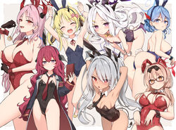  6+girls ahoge ako_(blue_archive) animal_ears armpits black-framed_eyewear black_coat black_gloves black_horns black_necktie black_tail black_wings blonde_hair blue_archive blue_eyes blue_hair blue_halo blush bow breasts brown_hair chinatsu_(blue_archive) closed_eyes closed_mouth coat dark-skinned_female dark_skin demon_horns demon_tail demon_wings detached_collar eyes_visible_through_hair fake_animal_ears fake_tail flat_chest glasses gloves grey_hair hair_over_one_eye halo highres hina_(blue_archive) horns ibuki_(blue_archive) iori_(blue_archive) iroha_(blue_archive) large_breasts leotard long_sleeves looking_at_viewer medium_breasts multiple_girls neck_ribbon necktie open_clothes open_coat open_mouth pink_hair playboy_bunny pointy_ears prefect_team_(blue_archive) purple_eyes purple_halo rabbit_ears rabbit_tail red_eyes red_hair red_halo red_horns red_necktie red_ribbon ribbon satsuki_(blue_archive) small_breasts smile strapless strapless_leotard sune_(mugendai) tail twintails white_hair wings wrist_cuffs yellow_bow yellow_eyes yellow_halo 