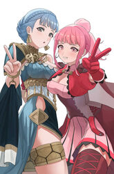  2girls alternate_costume blue_hair bracelet braid breasts commentary crest_of_the_beast crown_braid dancer dancer_(fire_emblem:_three_houses) dress earrings fire_emblem fire_emblem:_three_houses fire_emblem_heroes fire_emblem_warriors:_three_hopes gloves gold_belt highres hilda_valentine_goneril hoop_earrings jewelry marianne_von_edmund multiple_girls official_alternate_costume official_alternate_hairstyle pearlbbbb pelvic_curtain pink_eyes pink_hair single-shoulder_dress v 