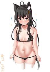  ahoge animal_ear_fluff animal_ears bikini black_bikini black_hair breasts cat_ears cat_tail commentary_request crescent crescent_hair_ornament female hair_ornament highres kantai_collection legs_together long_hair lowleg lowleg_bikini micro_bikini mikazuki_(kancolle) one-hour_drawing_challenge side-tie_bikini_bottom simple_background small_breasts solo string_bikini swimsuit tail tf_cafe thighhighs twitter_username white_background white_thighhighs yellow_eyes 