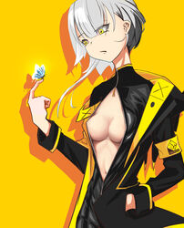  armband black_jacket black_shirt breasts bug butterfly butterfly_on_hand cjcg8877 female grey_hair highres hood hood_down jacket karenina:_blast_(punishing:_gray_raven) karenina_(punishing:_gray_raven) long_sleeves navel open_clothes open_shirt punishing:_gray_raven shirt short_hair small_breasts solo yellow_armband yellow_background yellow_eyes yellow_jacket 