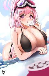  :o absurdres bikini black_bikini blue_archive blush breasts eimi_(blue_archive) eimi_(swimsuit)_(blue_archive) female goggles goggles_on_head halo highres huge_breasts long_hair loob looking_at_viewer official_alternate_costume open_mouth pink_hair pink_halo ski_goggles solo swimsuit 