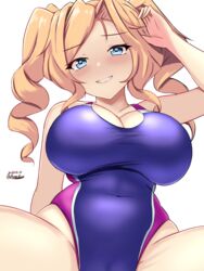  blonde_hair blue_eyes blush breasts competition_swimsuit covered_navel dated drill_hair female highres honolulu_(kancolle) kantai_collection large_breasts long_hair looking_at_viewer montemasa one-hour_drawing_challenge one-piece_swimsuit pink_one-piece_swimsuit purple_one-piece_swimsuit simple_background sitting smile solo spread_legs swimsuit twin_drills twintails twitter_username two-tone_swimsuit white_background 