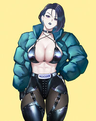  alternate_costume artist_name belt bikini bikini_top_only black_belt black_choker blue_hair blue_jacket blue_lips breasts choker clothes_writing commentary cowboy_shot female fire_emblem fire_emblem:_three_houses jacket long_sleeves looking_at_viewer meziosaur muscular muscular_female open_clothes open_jacket pantyhose parted_lips purple_eyes shamir_nevrand short_hair simple_background solo standing stomach swimsuit thighs yellow_background 