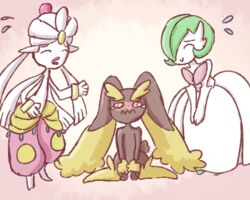 5:4 anthro blush closed_eyes female generation_4_pokemon generation_6_pokemon group humanoid lagomorph lopunny mammal mega_evolution mega_gardevoir mega_medicham nintendo pokemon pokemon_(species) pokemon_mystery_dungeon spike_chunsoft team_charm unknown_artist wide_hips