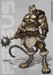 abs anthro armor athletic bandage barefoot belt biceps big_muscles biped brown_body brown_fur brown_nose claws clothed clothing ear_piercing feet felid felsus fur holding_object holding_weapon jewelry mace male mammal markings melee_weapon muscular muscular_anthro muscular_male necklace pantherine pecs piercing pose red_eyes solo standing stripes tan_body tan_fur tiger toe_claws topless vein weapon