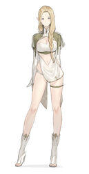  arms_behind_back blonde_hair blue_eyes blue_hair boots braid breasts cleavage closed_mouth collar commentary_request duplicate elf facial_mark female forehead forehead_mark full_body hair_over_shoulder highres km_yama legs long_hair long_sleeves looking_at_viewer navel original panties pixel-perfect_duplicate pointy_ears runes sign simple_background single_braid smile solo standing stomach thigh_strap thighs toeless_footwear underwear white_background white_footwear white_panties 