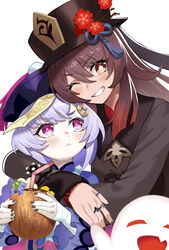  2girls ;d ^_^ bandaged_arm bandages bead_bracelet bead_necklace beads beppu_mitsunaka black_headwear black_nails blush boo_tao_(genshin_impact) bracelet brown_hair closed_eyes coconut coin_hair_ornament commentary drink drinking_straw flower frown fruit_cup genshin_impact ghost grin hair_ornament happy hat highres hu_tao_(genshin_impact) hug jewelry jiangshi long_sleeves looking_at_viewer multiple_girls nail_polish necklace oerba_yun_fang one_eye_closed plum_blossoms qiqi_(genshin_impact) ring smile symbol-shaped_pupils talisman teeth top_hat 