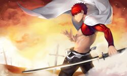  1boy black_pants emiya_shirou eye_trail fate/grand_order fate_(series) feet_out_of_frame highres holding holding_sword holding_weapon igote kashi_kosugi katana light_trail looking_at_viewer male_focus orange_hair pants pectorals red_hair senji_muramasa_(fate) short_hair sidepec solo sword toned toned_male unlimited_blade_works_(fate) weapon wind 