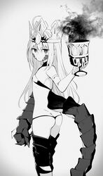  absurdres ahoge ass bikini breasts chalice criss-cross_halter crown cup dragon_claw dragon_tail elbow_gloves facial_mark fate/grand_order fate_(series) female gloves greyscale hair_intakes halterneck highres hirunagi long_hair looking_at_viewer looking_back monochrome nero_claudius_(fate) pointy_ears queen_draco_(fate) queen_draco_(second_ascension)_(fate) scales small_breasts solo swimsuit tail thighs 