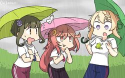  3girls ahoge alternate_costume black_pants blonde_hair bob_cut braid braided_bun brown_eyes commentary_request crescent crescent_hair_ornament dated frog green_hair green_pants green_umbrella hair_bun hair_ornament hair_ribbon hamu_koutarou highres kantai_collection long_hair long_sleeves multiple_girls one-hour_drawing_challenge outdoors pants perth_(kancolle) pink_eyes pink_hair pink_umbrella purple_eyes purple_pants rain ribbon shirt short_hair sidelocks t-shirt takanami_(kancolle) teruterubouzu track_pants umbrella uzuki_(kancolle) white_shirt yellow_umbrella 