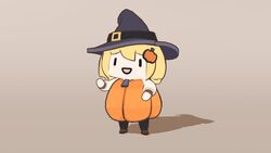  3d :d belt_buckle black_hat black_legwear blonde_hair bob_cut brown_background brown_footwear buckle chibi commentary english_commentary female food-themed_hair_ornament full_body hair_ornament hand_up hat hat_belt highres hololive hololive_english long_sleeves looking_at_viewer official_alternate_costume pumpkin pumpkin_costume pumpkin_hair_ornament seafoamboy simple_background smile smol_ame solo standing virtual_youtuber walfie_(style) watson_amelia witch_hat zipper_pull_tab |_| 