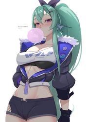  artist_name black_jacket black_shorts blush breasts chewing_gum cosplay crop_top female finana_ryugu fins fish_girl gloves green_hair hair_ornament head_fins highres honkai:_star_rail honkai_(series) jacket long_hair long_sleeves looking_at_viewer myth1carts nijisanji nijisanji_en patreon_logo pixiv_logo ponytail purple_eyes shirt shorts silver_wolf_(honkai:_star_rail) single-shoulder_shirt solo twitter_logo virtual_youtuber white_background white_shirt 