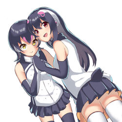  2girls african_penguin_(kemono_friends) bare_shoulders black_gloves black_hair black_skirt black_sweater black_thighhighs blush elbow_gloves gloves headphones high_collar highres humboldt_penguin_(kemono_friends) kemono_friends kemono_friends_v_project long_hair mittens multicolored_hair multiple_girls palms_together penguin_girl penguin_tail pink_hair pleated_skirt purple_hair red_eyes sawara_noa short_hair skirt sleeveless streaked_hair sweater tail thighhighs two-tone_sweater virtual_youtuber white_legwear white_sweater yellow_eyes zettai_ryouiki 