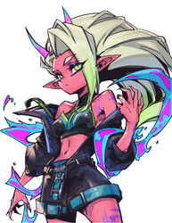  bare_shoulders belt black_belt black_jacket black_shorts closed_mouth colored_skin english_commentary expressionless female gradient_hair graffiti green_eyes green_hair horns jacket league_of_legends long_hair looking_ahead multicolored_hair navel official_alternate_costume official_alternate_hairstyle open_clothes open_jacket phantom_ix_row pointy_ears red_skin shorts simple_background solo stomach street_demon_zyra white_background zyra 