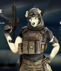  absurd_res anthro black_hair blue_byte_(game_developer) canid canine canis domestic_dog draw_over female fur green_eyes gun hair hi_res mammal michelle_melinao military newt_wolfbuck rainbow_six rainbow_six:_siege ranged_weapon screencap sig_mpx solo tom_clancy&#039;s_(series) ubisoft valkyrie_(r6s) weapon white_body white_fur yellow_body yellow_fur 