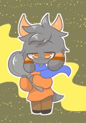  anthro blue_scarf bovid caprine chibi clothing cookware floppy_ears frying_pan fur goat grey_body grey_fur gusta_(gusta) hair holding_object hoodie horn khaki_pants kitchen_utensils male mammal orange_clothing orange_eyes orange_hoodie orange_horn orange_stripes orange_topwear outline scarf simple_background smile smirk smolsammich solo standing stripes tools topwear 