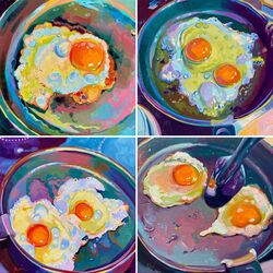  alaiganuza bubble chromatic_aberration cooking egg_(food) egg_yolk english_commentary food food_focus fried_egg frying_pan highres no_humans oil oil_painting_(medium) original painting_(medium) reflection signature spatula traditional_media 