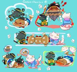  animalization black_cat blouse blue_shirt blue_skirt catfish chamaruk feline fish fishbowl food fruit green_skirt hat hat_ribbon hinanawi_tenshi hinanawi_tenshi_(catfish) keystone komeiji_koishi komeiji_koishi_(cat) komeiji_satori komeiji_satori_(cat) paw_print pawpads peach pink_skirt pot ribbon rolling shirt skirt touhou white_shirt yellow_shirt 