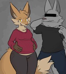  anthro big_tail black_clothing black_shirt black_topwear blue_bottomwear blue_clothing blue_pants bodily_fluids bottomwear breasts brown_bottomwear brown_clothing brown_nose brown_pants canid canine censor_bar censored_face clothed clothing collar collar_pull duo ear_tuft eyebrows eyelashes female fox fur grey_body grey_fur hand_on_head hands_on_belly hi_res male mammal medium_breasts neck_tuft nervous orange_body orange_fur pants pregnant pregnant_anthro pregnant_female red_clothing red_sweater red_topwear shirt short_sleeved_shirt simple_background smile sweat sweatdrop sweater tail tail_around_leg topwear trisha_fox_(zzx) tuft yellow_eyes zzx 