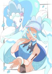  absurdres blue_eyes blue_hair blue_headwear bright_pupils colored_eyelashes commentary eyelashes female hair_between_eyes hatsune_miku highres kotomine_hisui long_hair open_mouth pokemon pokemon_(creature) primarina project_voltage shoulder_tattoo smile tan tattoo teeth twintails upper_teeth_only very_long_hair visor_cap vocaloid water_miku_(project_voltage) white_pupils white_wristband zipper_pull_tab 