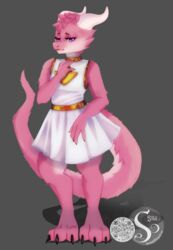  anthro bottomwear clothed clothing ember_forge femboy fur fur_tuft furred_kobold furred_scalie hair hi_res horn kobold long_tail male pink_body pink_fur pink_hair purple_eyes scalie skirt solo sybil_(artist) tail tuft white_clothing 