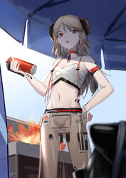  absurdres arknights arm_strap bare_arms bare_shoulders bikini chinese_commentary choker commentary cowboy_shot female fire hair_down highres holding horns ifrit_(arknights) ifrit_(sunburn)_(arknights) long_hair material_growth navel official_alternate_costume open_mouth oripathy_lesion_(arknights) red_eyes solo spatula standing stomach swimsuit thighs veolia white_bikini white_hair 