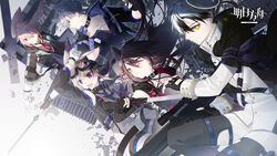  2girls 3boys :d adnachiel_(arknights) animal_ear_fluff animal_ears ansel_(arknights) arknights armband bare_shoulders black_choker black_footwear black_gloves black_hair black_jacket black_thighhighs blue_eyes blue_necktie blue_shirt boots bracelet bright_pupils brown_hair cardigan_(arknights) cat_ears choker closed_mouth clothing_cutout collar collarbone copyright_name criss-cross_halter debris dog_ears elbow_gloves fingerless_gloves fox_ears gloves goggles goggles_on_head grey_hair guest_art halo halterneck headphones headphones_around_neck high-waist_skirt highres holding holding_sword holding_wand holding_weapon infection_monitor_(arknights) jacket jewelry long_hair long_sleeves material_growth melantha_(arknights) multicolored_hair multiple_boys multiple_girls necktie official_art open_clothes open_jacket open_mouth oripathy_lesion_(arknights) outstretched_arm pants parted_lips partially_fingerless_gloves pink_hair profile purple_eyes rabbit_boy rabbit_ears red_eyes red_necktie red_shirt shirt short_hair shorts shorts_under_skirt shoulder_cutout skirt smile steward_(arknights) streaked_hair sword thigh_boots thigh_strap thighhighs two-tone_hair v-shaped_eyebrows wand weapon white_gloves white_hair white_pants white_shirt white_skirt yellow_eyes yi_li_lizi 