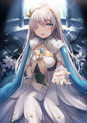  absurdres anastasia_(fate) blue_cloak blue_eyes blush breasts cloak doll dress fate/grand_order fate_(series) female flower fur_trim grey_hair hair_over_one_eye hairband highres holding holding_doll jewelry large_breasts long_hair looking_at_viewer necklace one_eye_closed open_mouth outstretched_arm pendant sitting smile sparkle viy_(fate) white_dress yufou 