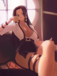  absurdres alternate_costume belt black_hair black_skirt blue_eyes boa_hancock breasts collared_shirt couch crossed_legs female highres large_breasts long_hair on_couch one_piece opalis open_clothes pencil_skirt shirt sitting skirt thigh_strap unbuttoned white_shirt window 