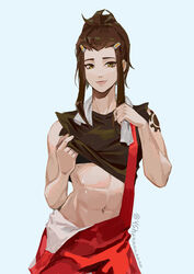  abs absurdres animification artist_name breasts brigitte_(overwatch) brown_eyes brown_hair clothes_lift commentary english_commentary female freckles hair_ornament hair_pulled_back hairclip hand_up highres holding holding_towel lips long_hair looking_at_viewer medium_breasts midriff muscular muscular_female navel overalls overwatch red_overalls shirt shirt_lift shoulder_tattoo sidelocks simple_background sleeveless sleeveless_shirt smile solo stomach suspenders_hanging sweat tattoo torn_clothes towel towel_around_neck twitter_username upper_body white_background yellow_eyes yshua 