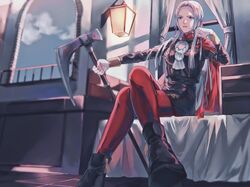  aiguillette arch ascot axe battle_axe cape commentary_request crossed_legs edelgard_von_hresvelg female fire_emblem fire_emblem:_three_houses garreg_mach_monastery_uniform gloves grey_hair highres holding holding_axe holding_weapon ikuta41 long_hair looking_at_viewer pantyhose purple_eyes red_cape red_pantyhose ribbon side_cape solo tile_floor tiles uniform weapon window 