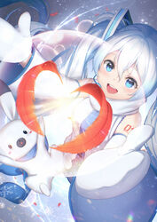  1other :d arm_tattoo arms_up bare_shoulders blue_eyes blue_neckwear blue_scarf commentary detached_sleeves english_commentary feathers female foreshortening glowing hatsune_miku highres lolittleboy long_hair making-of_available mittens open_mouth outstretched_arms piapro rabbit rabbit_yukine red_feathers scarf shoulder_tattoo smile tattoo twintails very_long_hair vocaloid white_hair white_mittens white_scarf yuki_miku yuki_miku_(2011) 