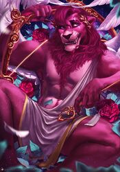  anthro body_hair bow_(weapon) clothing cupid cupid&#039;s_arrow disney felid flower fur happy_trail holidays kovu_(the_lion_king) laurel_wreath lion looking_aside male mammal momobeda nipples pantherine pink_body pink_fur plant ranged_weapon rose_(flower) solo the_lion_king toga valentine&#039;s_day weapon 