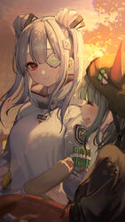  2girls absurdres blurry blurry_foreground blush breasts bungo_yayoi closed_eyes closed_mouth crab_claw eyepatch fake_horns food green_hair green_headwear hair_bun hair_ornament heaven_burns_red highres holding holding_food horned_headwear horns hot_dog kudou_(sikisiki0000) medium_breasts multiple_girls one_eye_covered open_mouth red_eyes school_uniform short_hair smile sweater upper_body white_hair white_sweater yamawaki_bon_ivar 