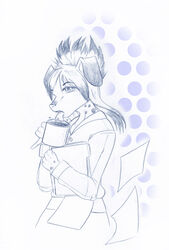  2012 5_fingers anthro beverage biped blue_and_white canid canine canis clothed clothing coffee coffee_mug container cup dalmatian domestic_dog eyebrow_through_hair eyebrows eyelashes female fingers floppy_ears folder front_view fully_clothed fur graphite_(artwork) hair halftone halftone_background holding_container holding_cup holding_object iris kara_resch long_hair mammal markings monochrome open_mouth paper pattern_background pencil_(artwork) pupils short_fur simple_background snout solo spots spotted_body spotted_fur standing tongue tongue_out traditional_media_(artwork) translucent translucent_hair vaporeon249 