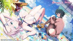  2girls arms_up ass azur_lane back bare_arms bare_back bare_shoulders beach beach_mat beach_umbrella bikini bird black_choker blue_eyes breasts bridal_garter brown_pantyhose chick choker coconut commentary_request day dead_or_alive dead_or_alive_xtreme drinking_straw dutch_angle fishnet_pantyhose fishnets from_behind fruit_cup green_eyes green_hair highres knees_up large_breasts long_hair looking_at_viewer looking_back luna_(doa) luna_(venus_of_the_beach)_(doa) lying manjuu_(azur_lane) mole mole_under_eye multiple_girls official_alternate_costume official_art on_back outdoors pantyhose pink_hair second-party_source short_hair sideboob sitting skindentation swimsuit tamaki_(doa) tamaki_(venus_shower_time)_(doa) thighs umbrella wet white_bikini white_hair yuri_(chocho_q) 