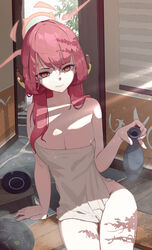  absurdres arm_support aru_(blue_archive) blue_archive breasts closed_mouth collarbone female halo highres holding horns indoors large_breasts light_rays long_hair looking_at_viewer md5_mismatch mole mole_on_breast naked_towel red_hair ryeon_(bluetom1) sitting smile solo sunbeam sunlight tokkuri towel yellow_eyes 