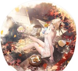  afloat_leaves artist_request azur_lane baozi bare_arms bare_legs bare_shoulders barefoot black_ribbon blonde_hair blue_eyes bottle bucket dead_or_alive dead_or_alive_5 double_bun dress feet female food hair_bun highres holding holding_bottle innertube leaf legs looking_at_viewer manjuu_(azur_lane) marie_rose marie_rose_(steamy_venus) naked_towel non-web_source official_art onsen ramune ribbon sitting soaking_feet swim_ring tan tanlines toenails toes towel water wet wet_towel white_towel wooden_bucket wooden_floor 