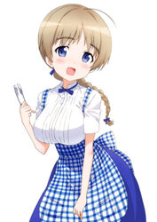  ahoge apron bad_id bad_pixiv_id blue_apron blue_bow blue_bowtie blue_eyes blue_ribbon blue_skirt blush bow bowtie braid braided_ponytail breasts commentary cowboy_shot female gingham gingham_apron hair_ribbon high-waist_skirt highres holding holding_tongs kobeya_uniform large_breasts long_hair looking_at_viewer lynette_bishop mejina open_mouth pleated_shirt pocket ribbon shiny_skin shirt short_sleeves simple_background skirt smile solo strike_witches suspender_skirt suspenders tongs underbust white_background white_shirt world_witches_series 